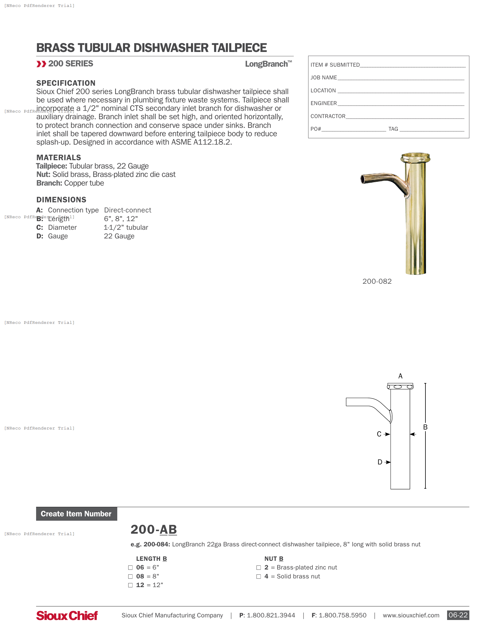 200 SERIES - LONGBRANCH DIRECT-CONNECT DISHWASHER TAILPIECE - SPEC SHEET.PDF Specification Document